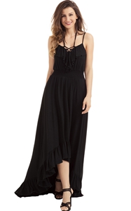 BY61510-2 Lace Up V Neck Ruffle Trim Hi-low Maxi Dress